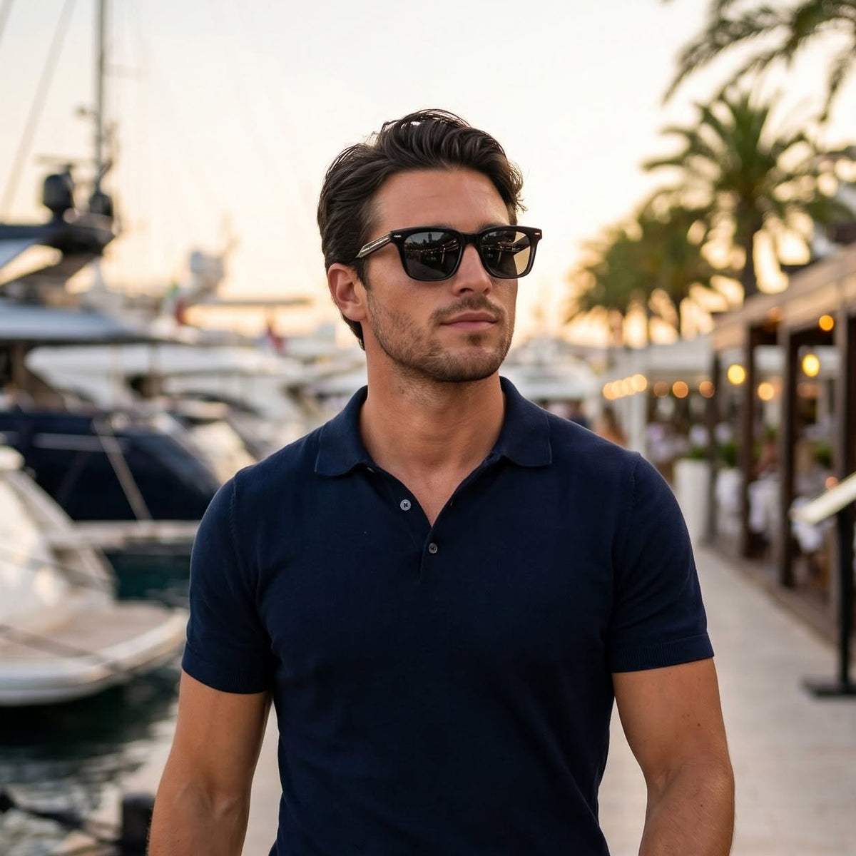 A man walking along a marina boardwalk at sunset, wearing a dark navy polo shirt, white trousers, and black sunglasses.